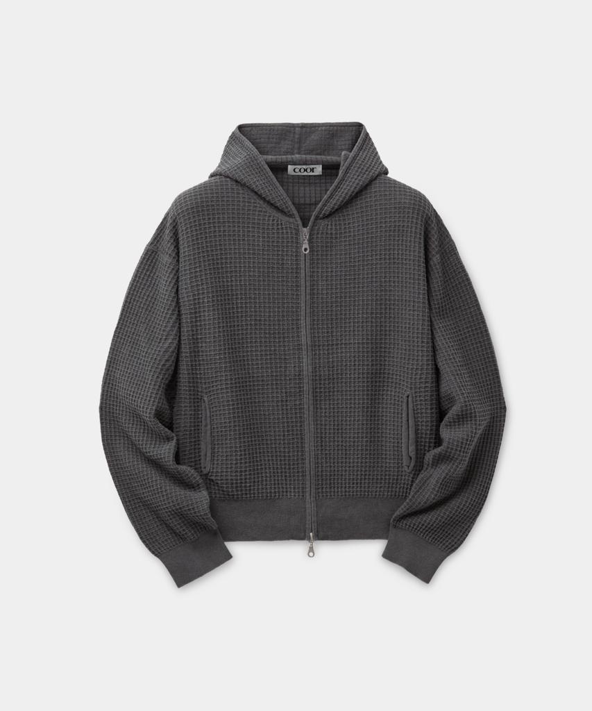Kueo Waffle Cotton Color Dyed Zip-Up Hoodie (Washed Charcoal)