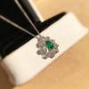 Silver Plated Flower-Shaped Emerald Green CZ Pendant Necklace, Sparkling Teardrop Halo Cable Chain Necklace for Women