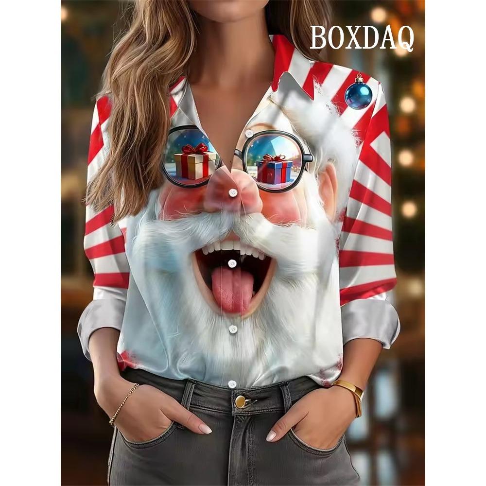 Women's Christmas Blouse Cute Funny Santa Blouse Elegant Fashioin Long Sleeve Shirt Casual Lapel Holiday Wear Fall Winter Daily