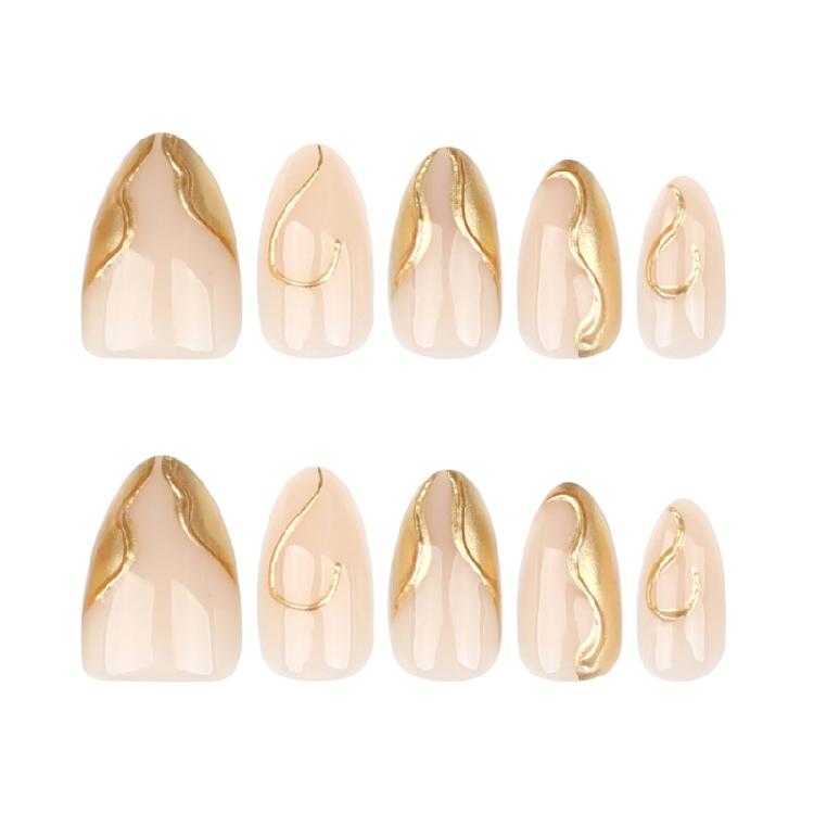 24 Pieces Almond Press On Nail Glossy Acrylic Nail With Gold Line Designs Nail Accesories Stick On Nail For Women Girls