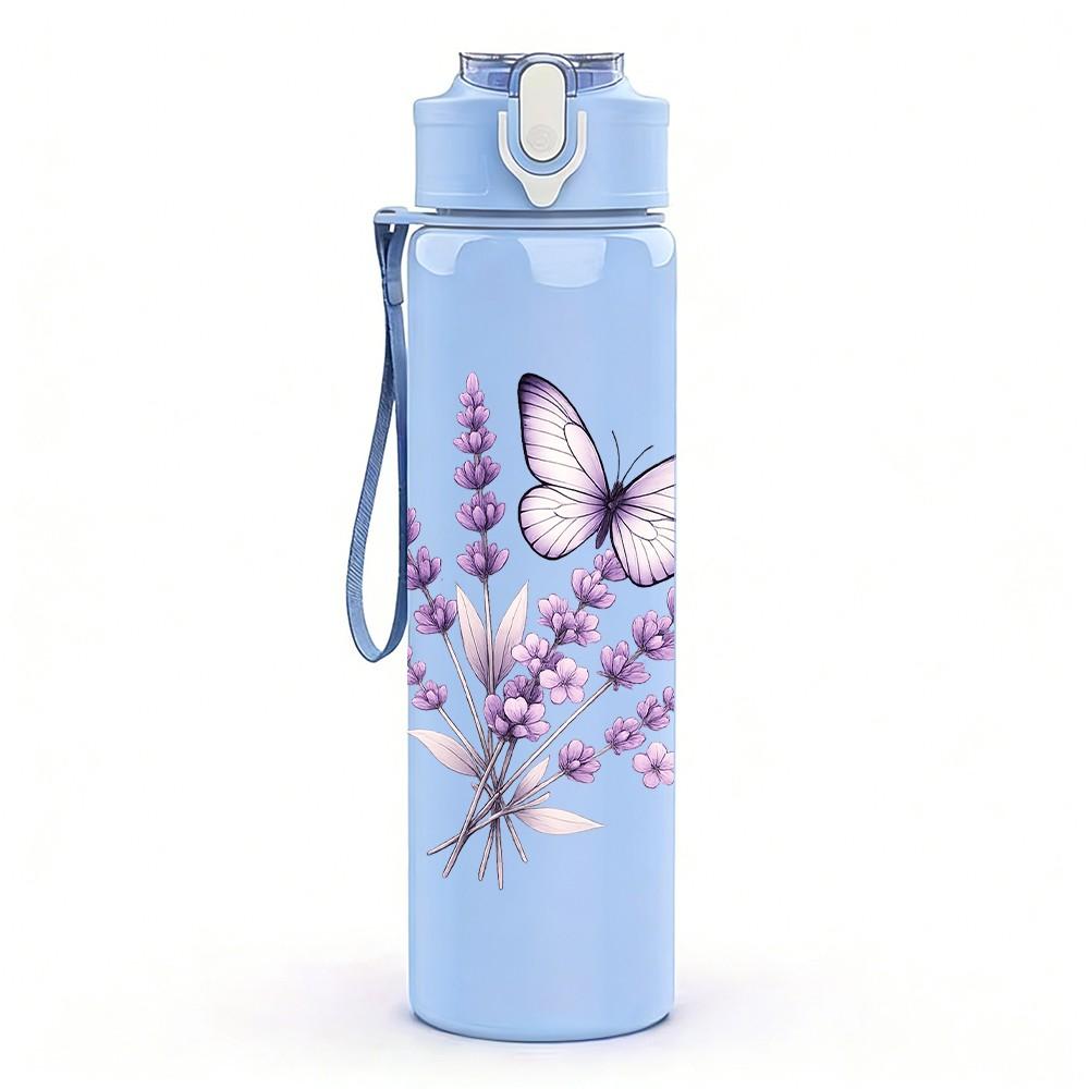 1PC Lavender Purple Butterfly Floral Print 750ml Color Plastic Sports Water Bottle Leakproof Flip Straw Lid Suitable for Sports Office Home Use