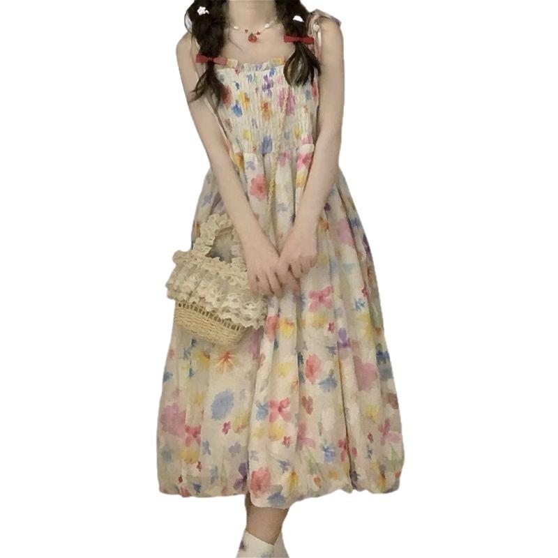 French Pleated Floral Suspender Dress Women's Summer Thin Sunscreen Cardigan Fresh and Cute Bud Skirt