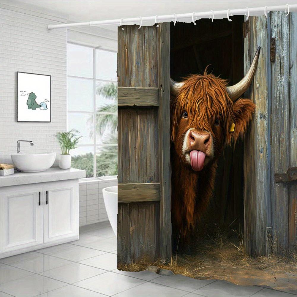 Funny Highland Cow In Barn Shower Curtain Waterproof Easy To Clean Privacy Protection Print Farm Animal Art Design Rustic12Kooks