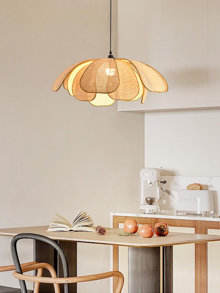 Retro Rural Hand-woven Natural Rattan Petal Chandelier Japanese-Southeast Asian Dining Room Bedroom Chandelier Artistic Atmosp