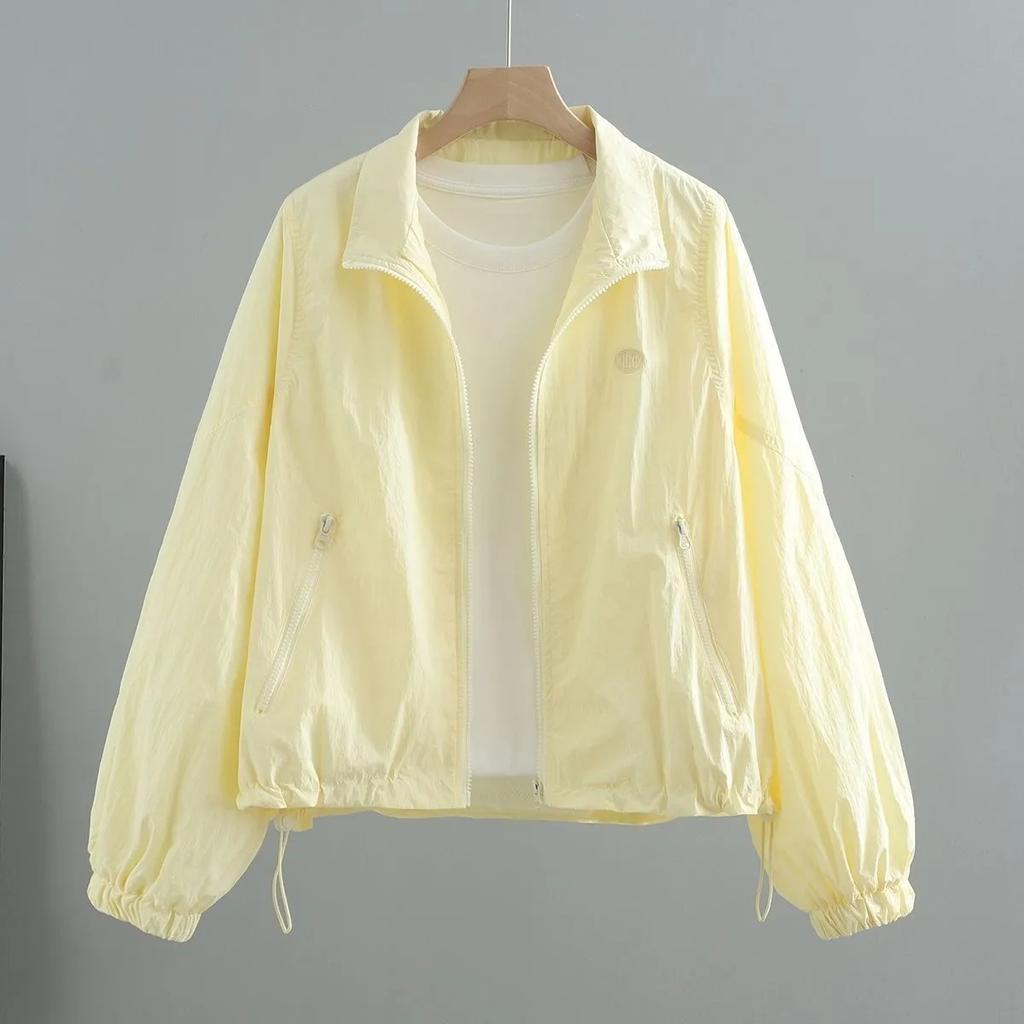 Giacca Estiva Leggera con Coulisse Protezione Solare Donna Cappotto Corto Protezione Solare Coreano Larga con Lettere Collo Alto Giacca Top