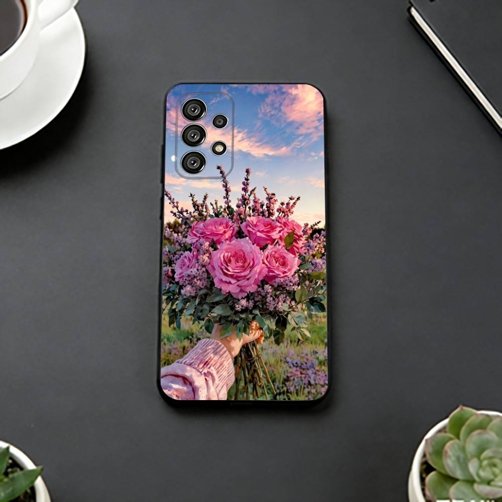 Elegant Peony F-Flower Phone Case Black Silicone Soft For Samsung S25,S24,S21,S22,S23,S30,Ultra,S20,Plus,Fe,Lite