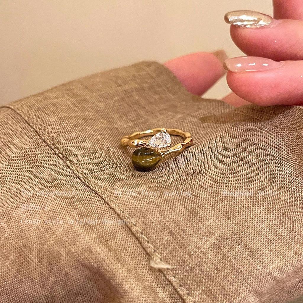 Maillard Tiger's Eye Stone Gold Ring Women's Autumn and Winter Adjustable Index Finger Ring Light Luxury Stacked Ring