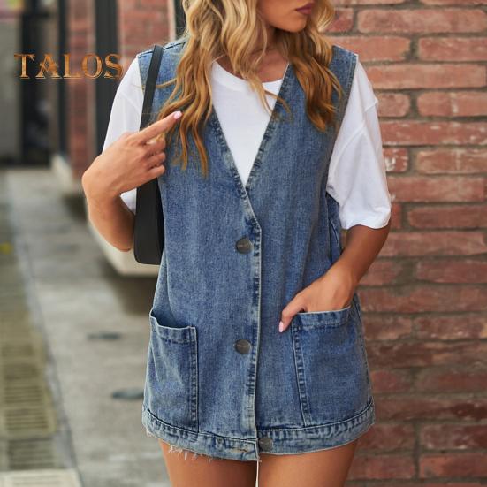 Dame dongerivest V-hals Ermeløse patchlommer Enkeltspent cardigan Ensfarget Uformell Ermeløs Streetwear damevest