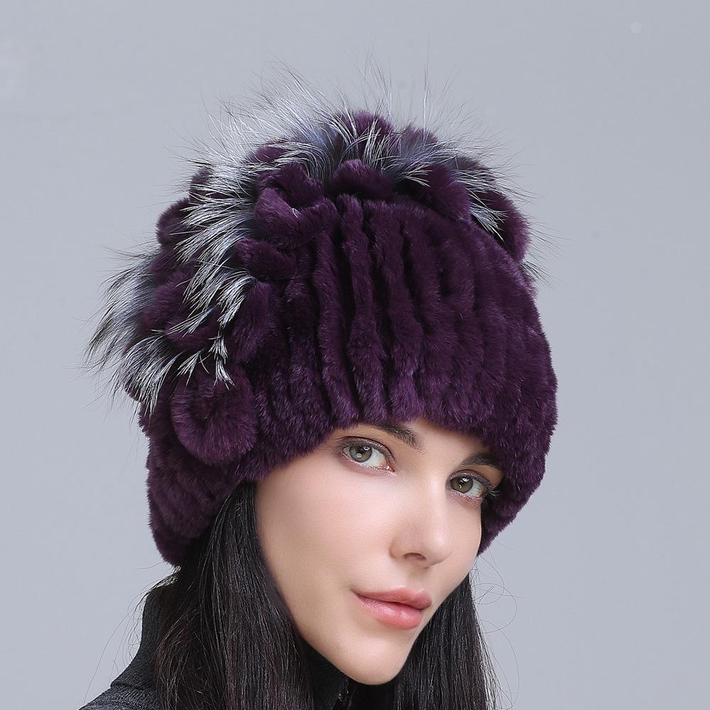 Winter Women's Warm Fashion Thick Wool Hat Rex Rabbit Fur Hat Knitted with Side Flower Hat