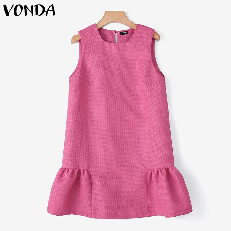 

VONDA Summer Women Sleeveless Texture Casual Pleated Tank Dress 5XL темно-розовый