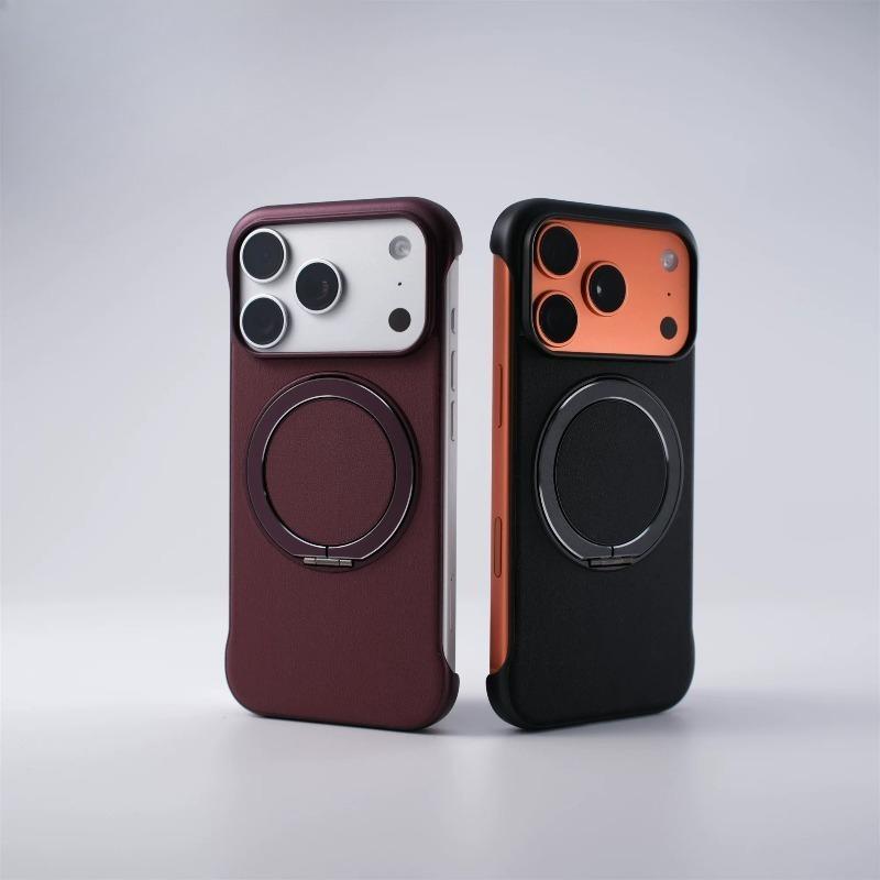 model of frameless leather grain ring holder Magnetic Case For iPhone17 Pro Max 16 15 14 Magsafe Thin Heat Hissipation Cover