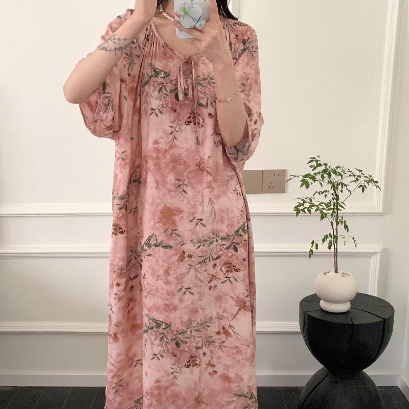1011 new cotton and silk nightdress women's summer short-sleeved pajamas cartoon pony element long loose cotton silk skirt can be worn outside