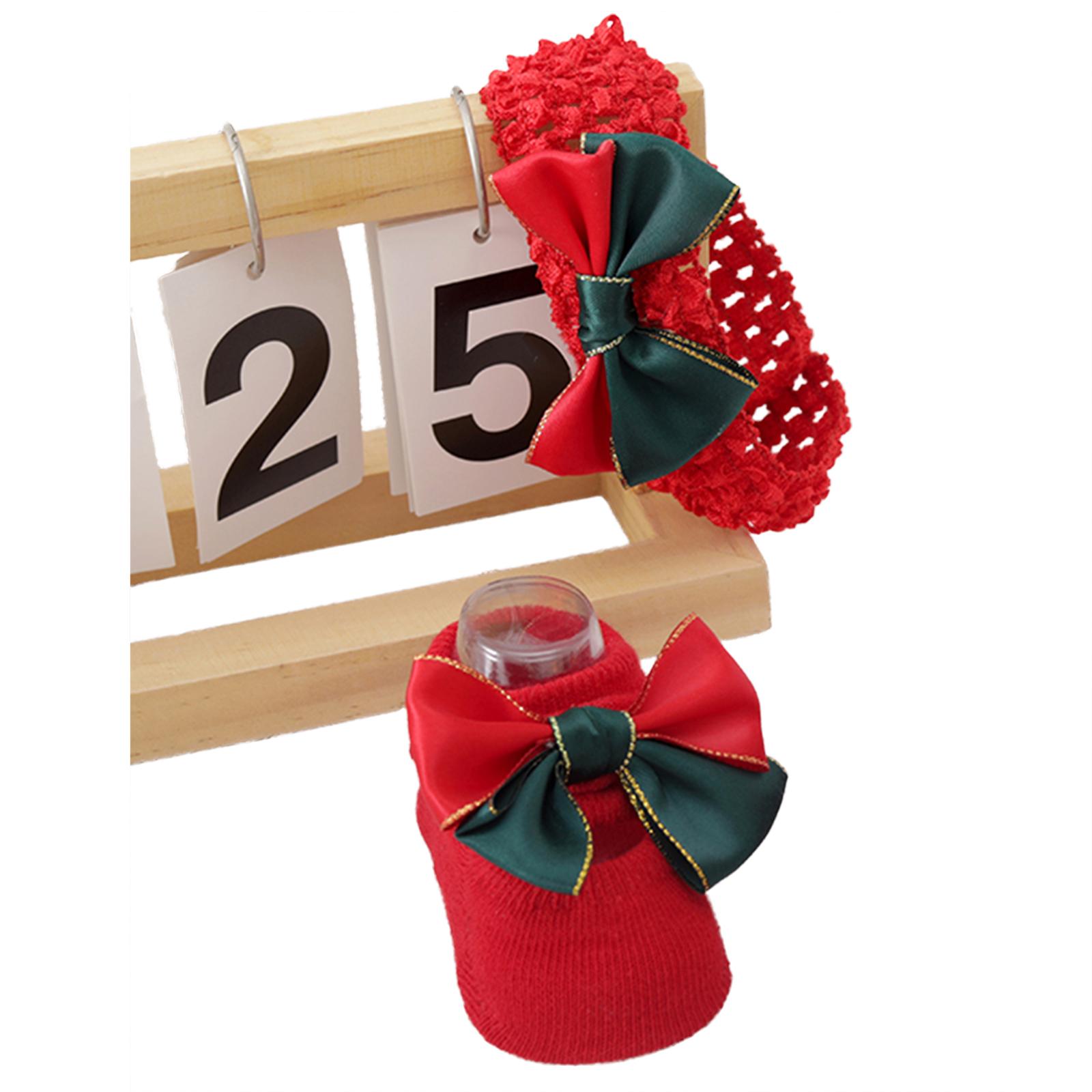 

Новорожденная Девочка Рождественские Носки Головной Убор Набор Прекрасный Большой Бант Нескользящие Носки Теплые Напольные Носки для Ползания Повязка на Голову 0-12 Месяцев 6-12M