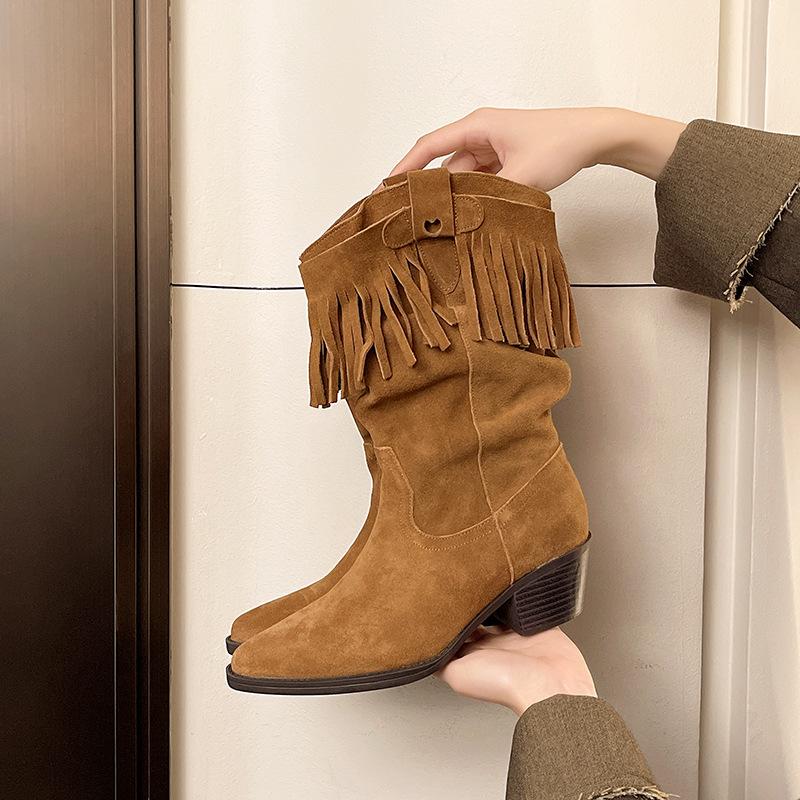 Lederversion~ Französische spitze Quaste hochhackige Stiefeletten 2025 Herbst neue mittelhohe Stiefel Innenhöhe erhöht Western-Cowboystiefel