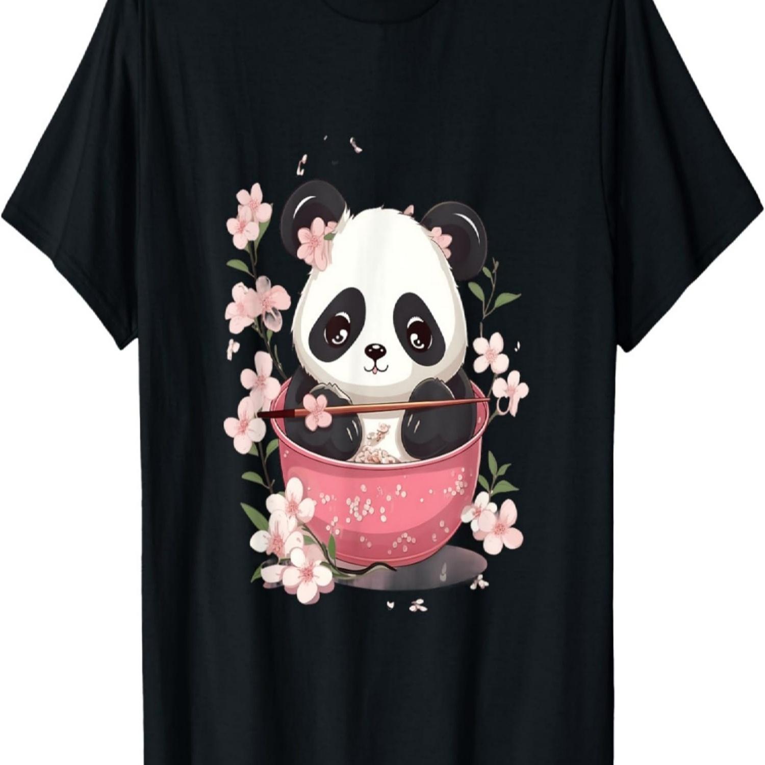 Otaku Kawaii Anime Panda Eat Ramen Noodles Cherry Blossom T-Shirt(9) S
