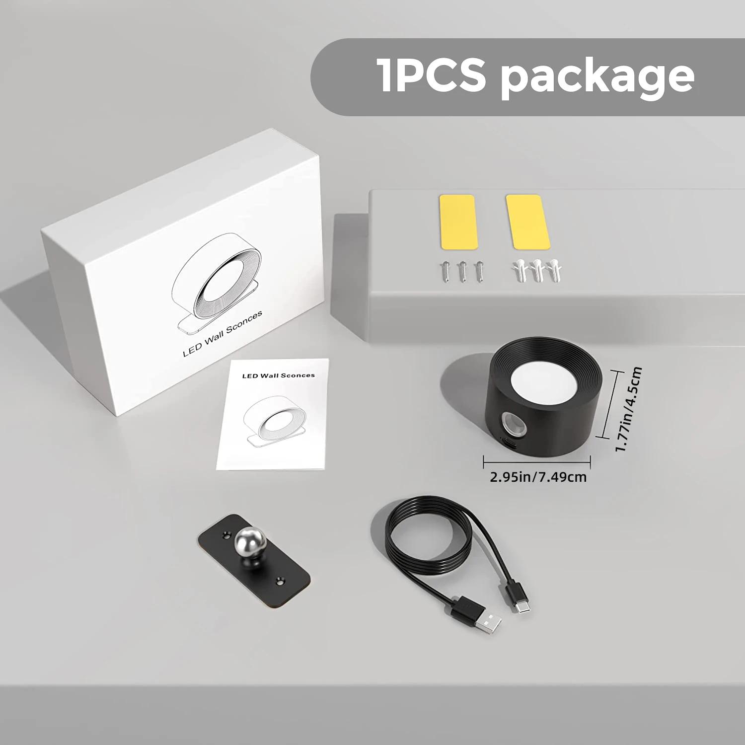 

Светодиодные настенные бра Свет 3 уровня яркости Светильники Питание от батареи 2000 мАч Вращающиеся на 360° Сенсорное управление