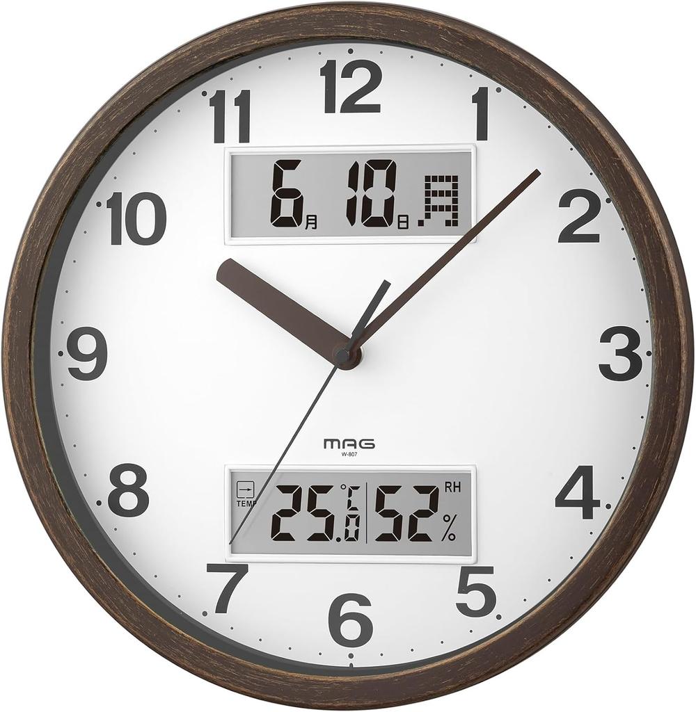 MAG Wall Clock, Analog, Stylish, Interior Decor, Thermometer, Hygrometer, Calendar, Silent, Continuous Second Hand, 29.0cm Diameter, Wood Grain