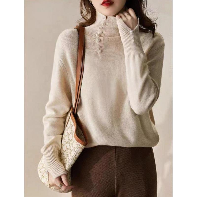 Beauty Online Craftsmanship Design Buttons Warm Turtlenecks Knitted Sweater Women