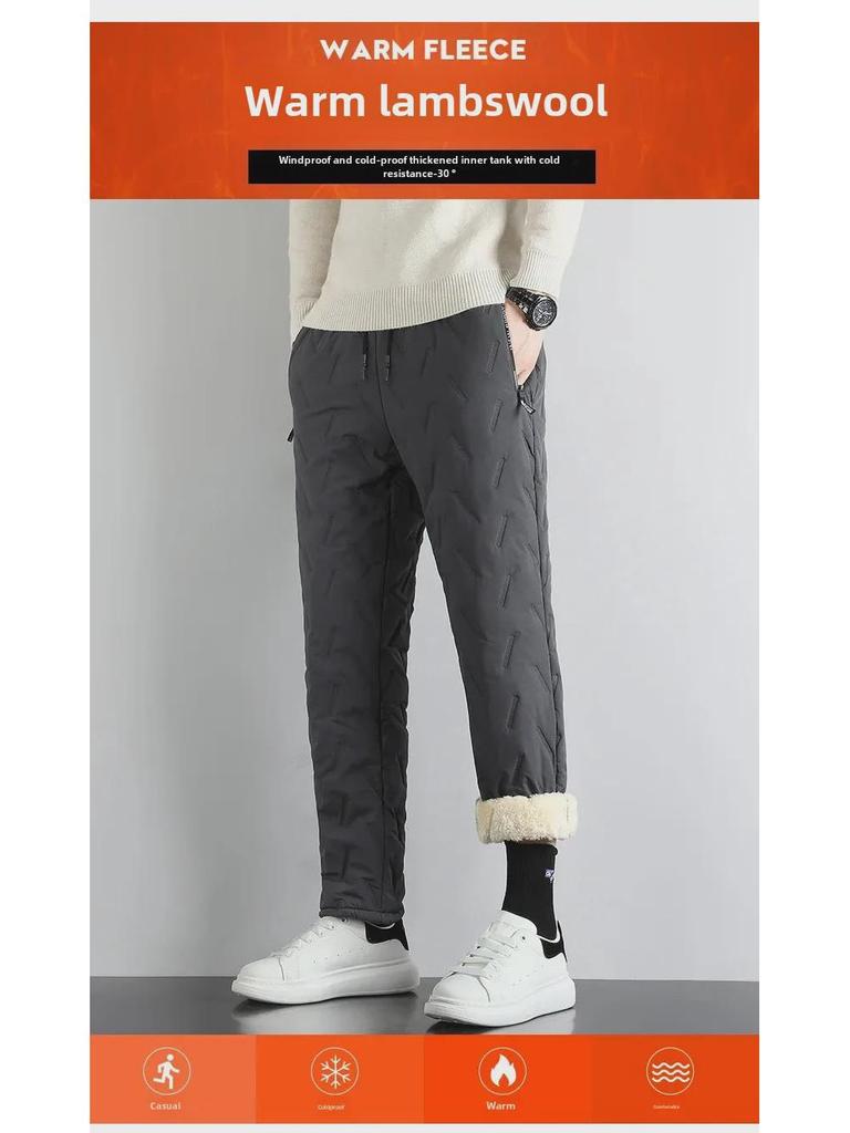 Men's Windproof Winter Sweatpants - Large Size, Cotton, Velvet, Lambskin, Three-Layer Composite, Warm, Casual, Loose Fit