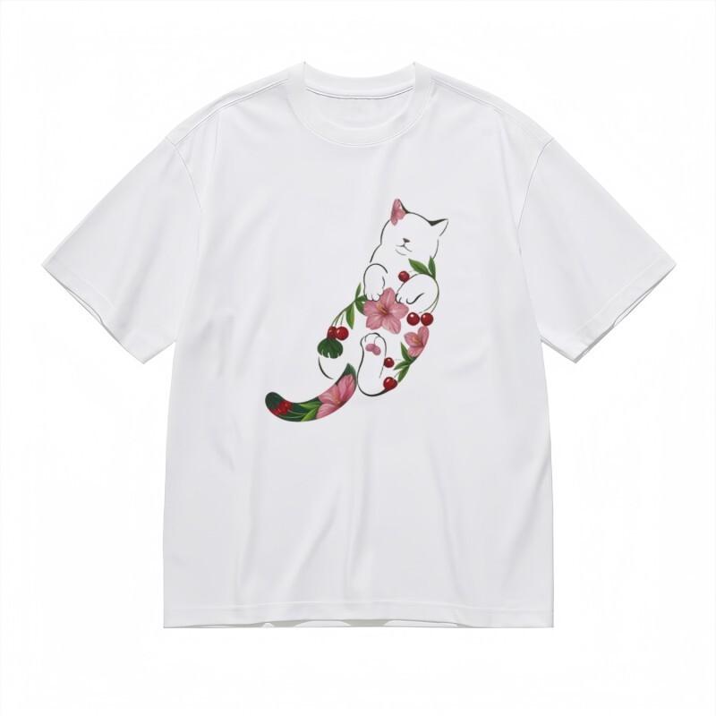 

Women s Breathable Classic T-Shirt Whimsical Feline Botanical Design Tee S