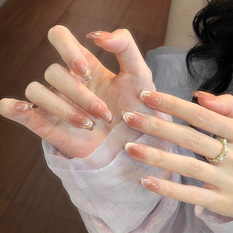 Ks Nail Art Wearable Nails Short Style 2026 New Model High-End Super Popular Cat Eye Handmade High-Quality Nude Color Stunning Nail Pieces