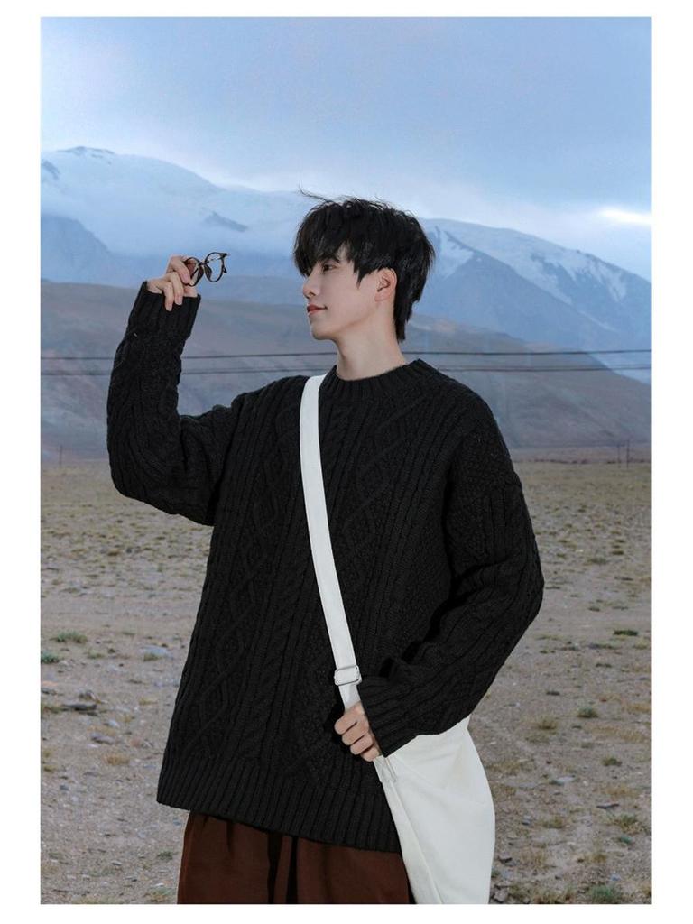 Men's Japanese Retro Hong Kong Literary Knit Sweater - Twisted Pattern, Round Neck, Autumn Casual