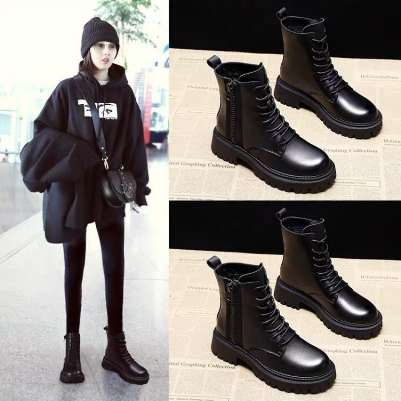 British medium boots Martin boots 2021 black handsome short boots PU front lace-up round head low heel thick sole single boots