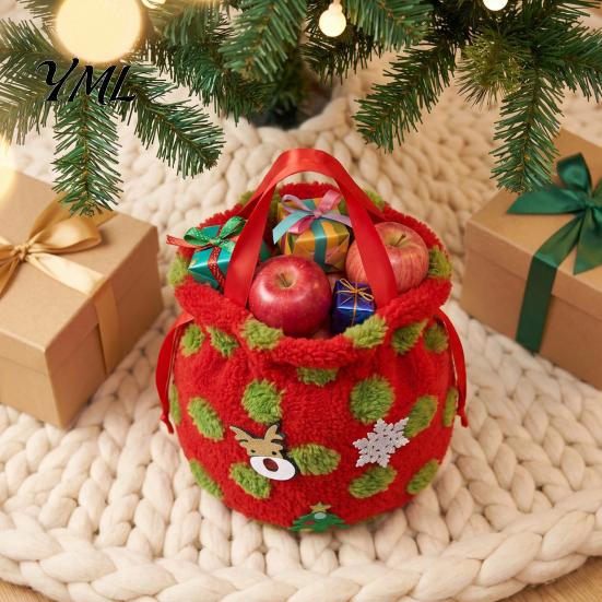 Fluffy Candy Apples Containers Christmas Plush Gift Bag with Drawstring, Soft Santa Sack for Bags Presents, Reusable Holiday Wrapping Pouch Xmas Party