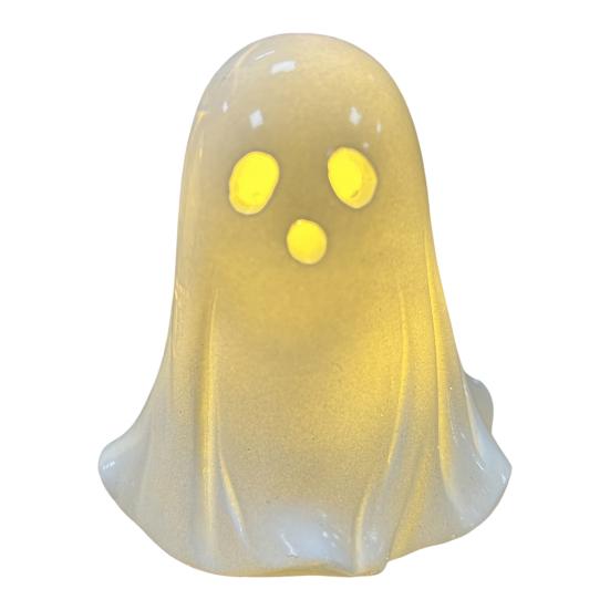 Pryskyřičná svítící dekorace duch pro Halloween Malá bílá figurka ducha Roztomilá svítící soška ducha pro domácí stolní patrovou podnosovou dekoraci