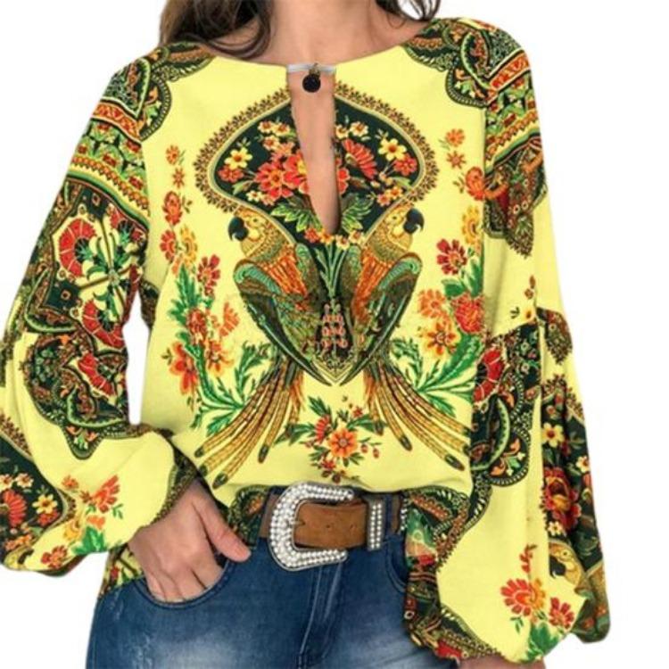 

Retro Ethnic Print Womens Blouse Long Sleeve Loose Pullover Crew Neck Colorful Rich Colors Round Neck Top Women Clothes M жёлтый