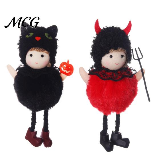 Halloween Plush Witch Doll Hanging with Lanyard, Cute Furry Pom Door Decor Ball Ornament for Doors Windows Trees Party Lace Details