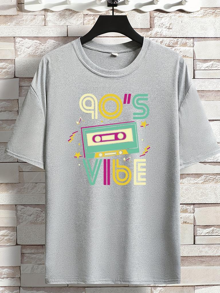 Unisexs Retro Music T Shirt 90S Vibe Old Cassette Tape Color Letter Graphic Print Short Sleeve Crew Neck Casual Cotton Male Tee