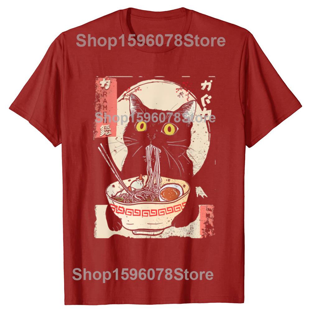 Kawaii Cat Eating Ramen Noodles Funny Anime Tshirts Men Fashion Print Tshirt Loose Oversized Streetwear Hip Hop Unisex T Shirt