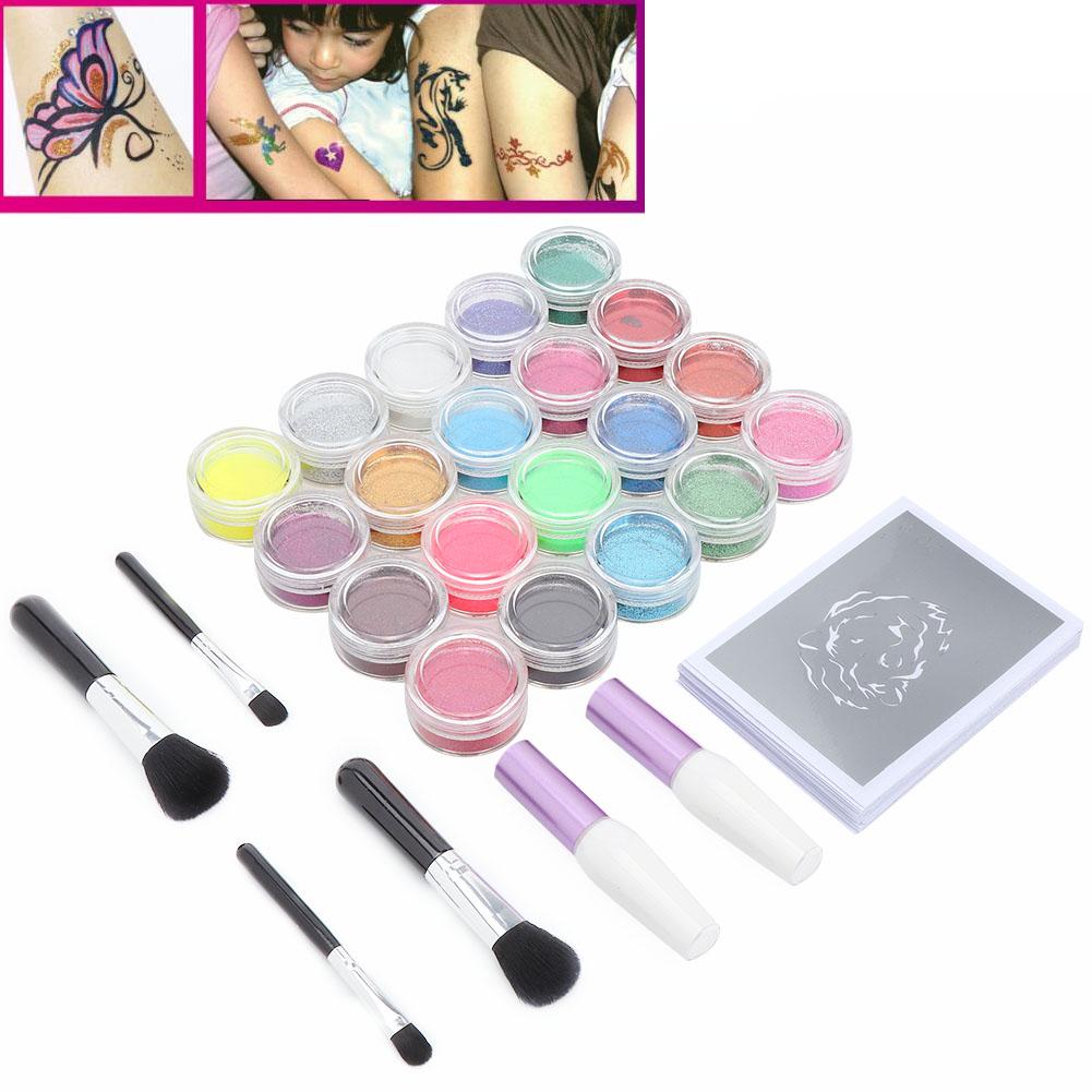 20colors Body Glitter Tattoo Stencils Safety Glitter Tattoo Kit for Children Adult