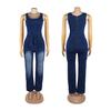 Women's European & American African Denim Halter Jumpsuit: Whitened, Washed, Stretchy, Tie Waist Belt.