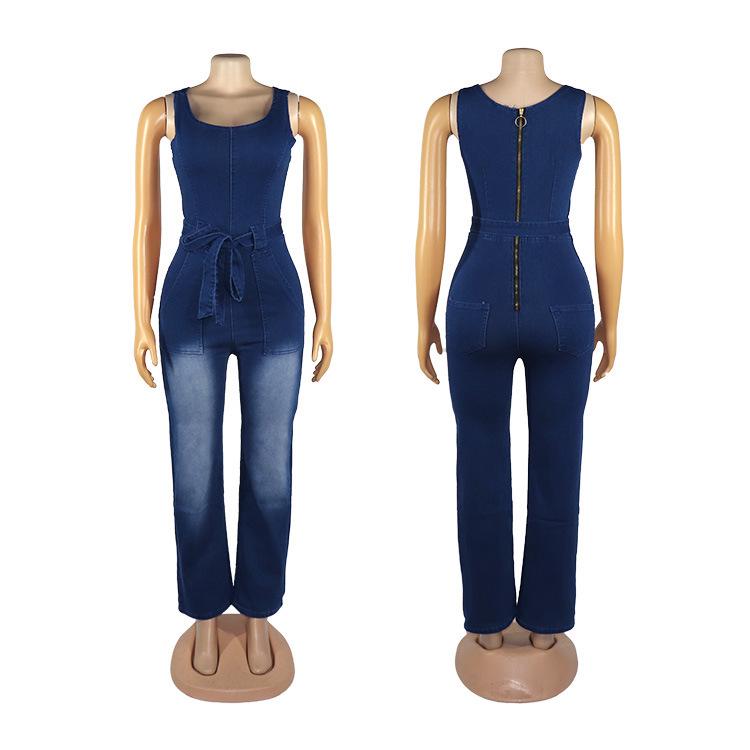 Women's European & American African Denim Halter Jumpsuit: Whitened, Washed, Stretchy, Tie Waist Belt.