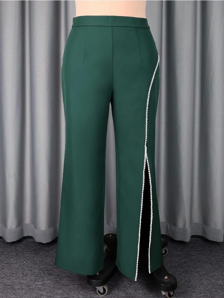 Elegant Women Office Pants High Waist Side Slit Pearls Beading Wide Leg Ankle Length Trousers Autumn Fashion Business Wear