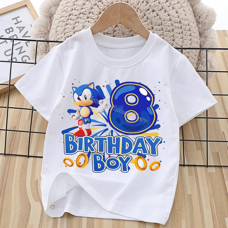 Sonics Birthday Number T-shirt Children Cartoon Tee Top Round Collar Clothing Boys White Short Sleeve Kids Anime Clothes Gift