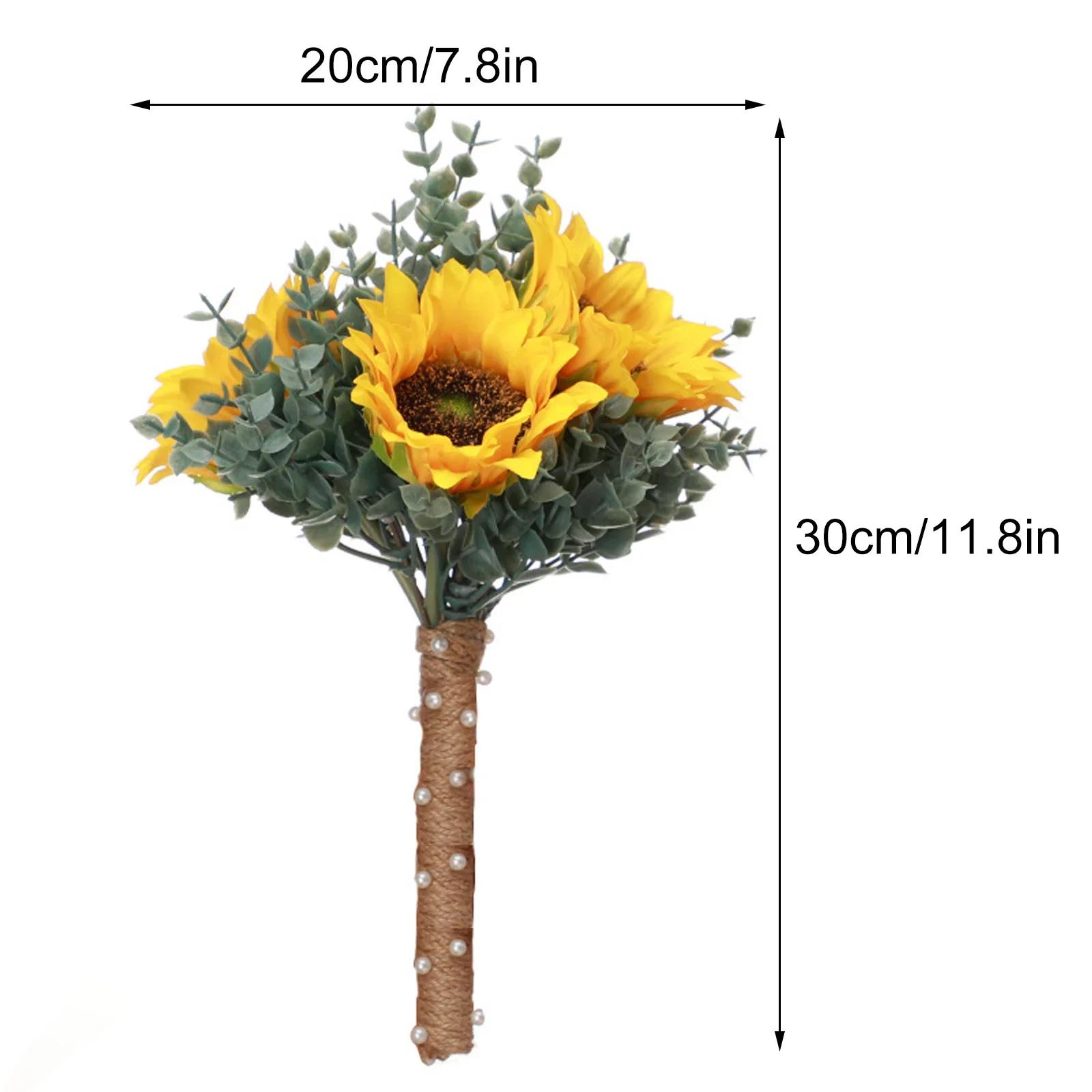 

Romantic Hand Bouquet With Pearl Hemp Rope Artificial Eucalyptus Wedding Bride Sunflower Party Festival Gift DIY Vase Home Decor жовтий