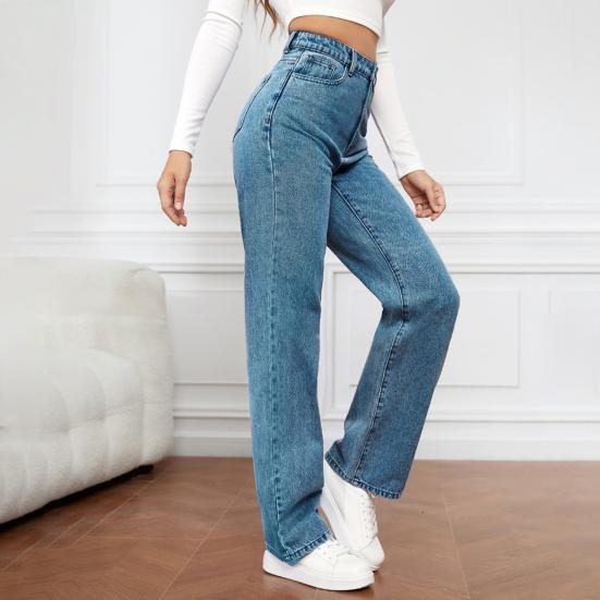 Women Jeans High Waist Zipper Button Closure Solid Color Slim Fit Wide Leg Retro Straight Pockets Soft Colorfast Lady Full Length Denim Pants