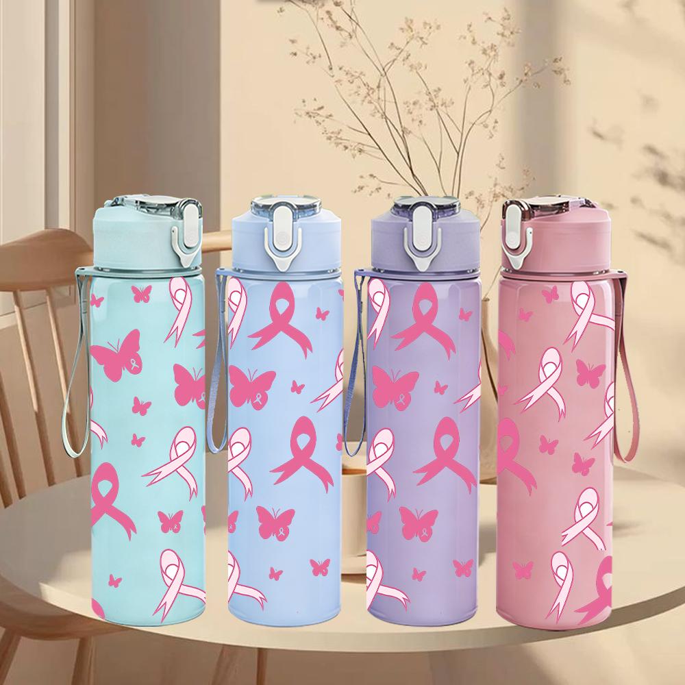 1 PZ Nastro Rosa Simbolo di Consapevolezza Texture 750ml Colore Plastica Borraccia Tappo a Vite Anti-perdita Con Cannuccia Pieghevole Per Sport Ufficio Uso Domestico