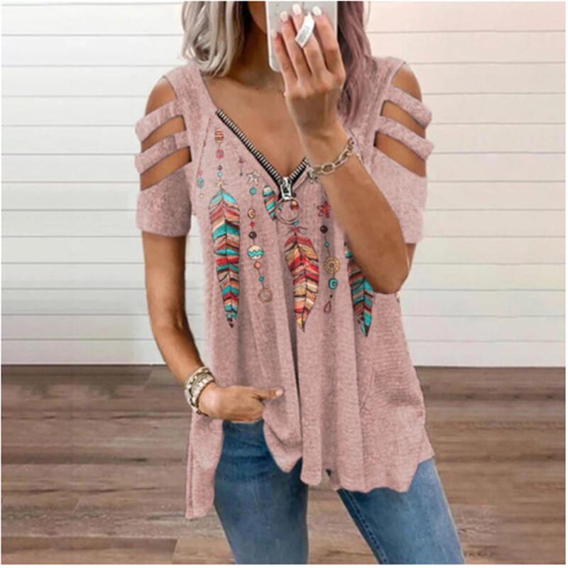 2023 European & American Women's V-Neck Zipper Floral Short-Sleeve Loose T-Shirt