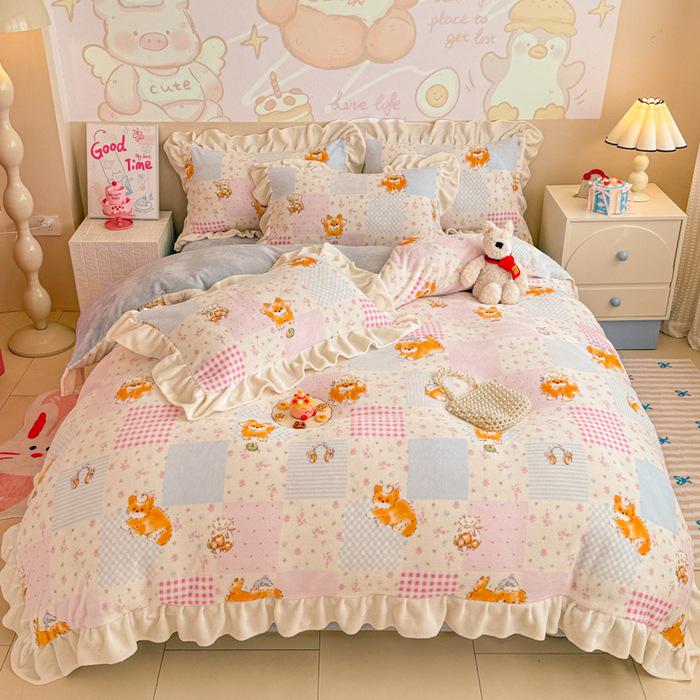 Floral Cartoon Milk Velvet and Lambswool Blanket Set - Thickened, Multifunctional Sofa Cover.