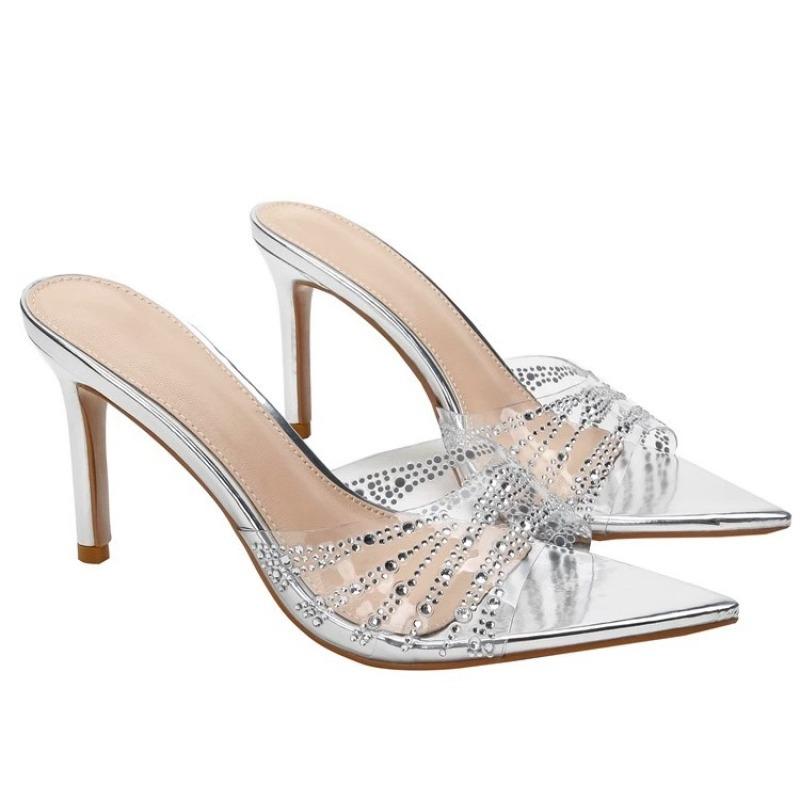 Summer Open-Toed Pointed Rhinestone Transparent Patent Leather One-Word Drag Female Sexy Outer Wear Stiletto High-Heeled Slippers
