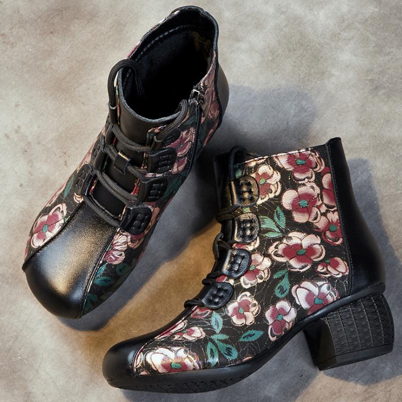 Johnature Moteriški trumpi batai etninio stiliaus storu kulnu minkštu padu margintu apvaliu pirštu šilti moteriški batai