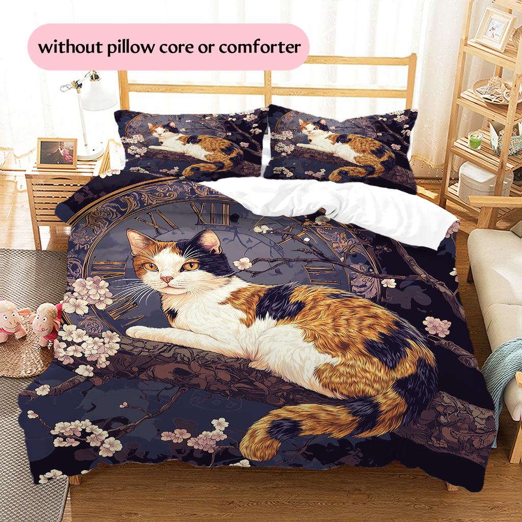 Calico Cat and Fresh Flowers Pattern Bedding Home Decoration Birthday Gift (1 * Duvet Cover + 2 * Pillowcase, Without Core)