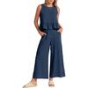 Women's Summer 2 Piece Outfits Sleeveless Pleated Ruffle Tank Top Wide Leg Cropped Pants Casual Loose Linen Matching Set with Pockets