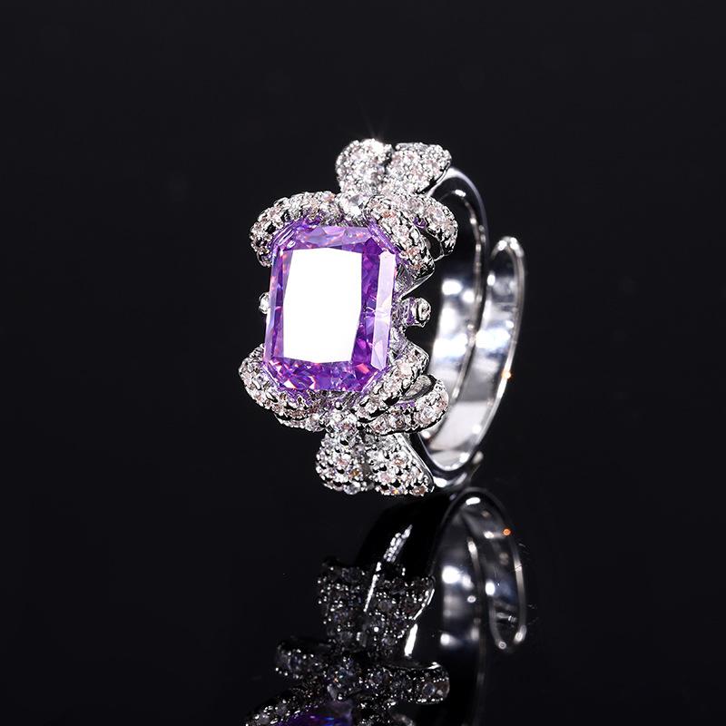 Jewelry Copper Bottom Gold-Plated High Carbon Diamond Ice Flower Square Diamond Copper Inlaid Bow Light Luxury Ring Female 8 * 10