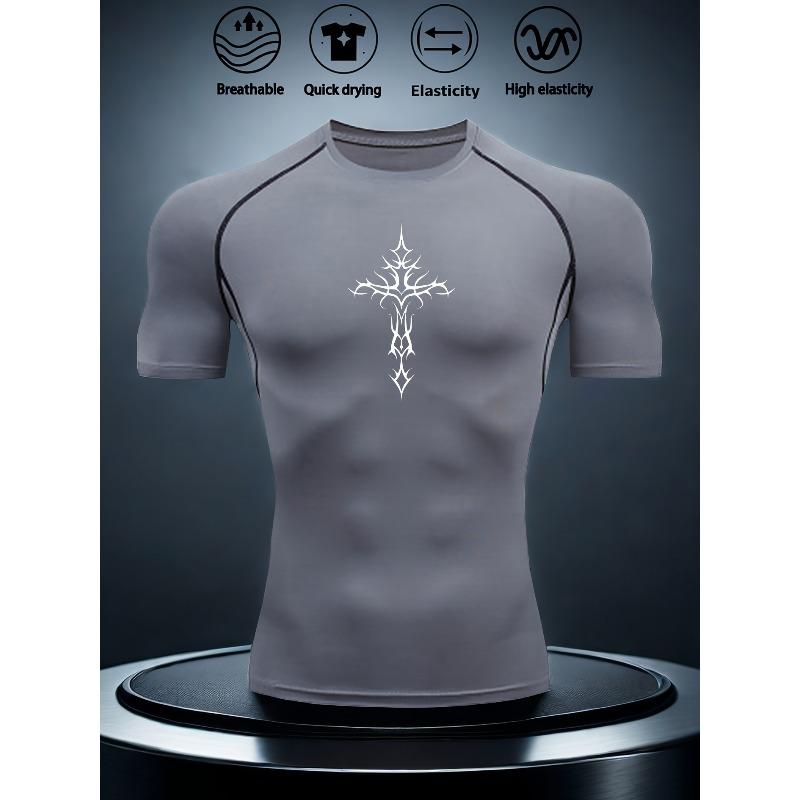 Men's Grey Compression T-Shirt with White Thorn Cross Print, Elastic Quick Drying Breathable Gym Workout & Sports Training Top