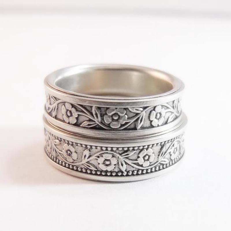 Jianjie 925 Silver Antique Floral Ring Set for Men and Women